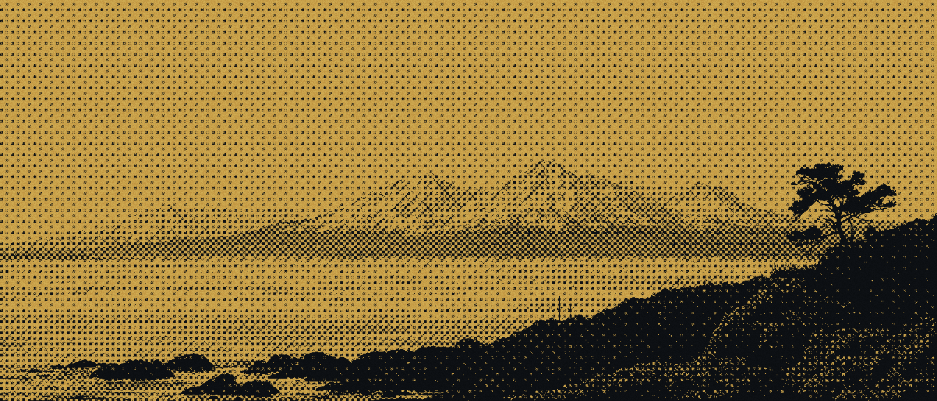Cordillera de los Andes vista desde el archipiélago de Chiloé al atardecer. Grabado chilote duotono gold sobre ink: picos volcánicos nevados sobre un mar de nubes doradas, el Océano Pacífico en primer plano, roca costera y un ciprés inclinado por el viento.