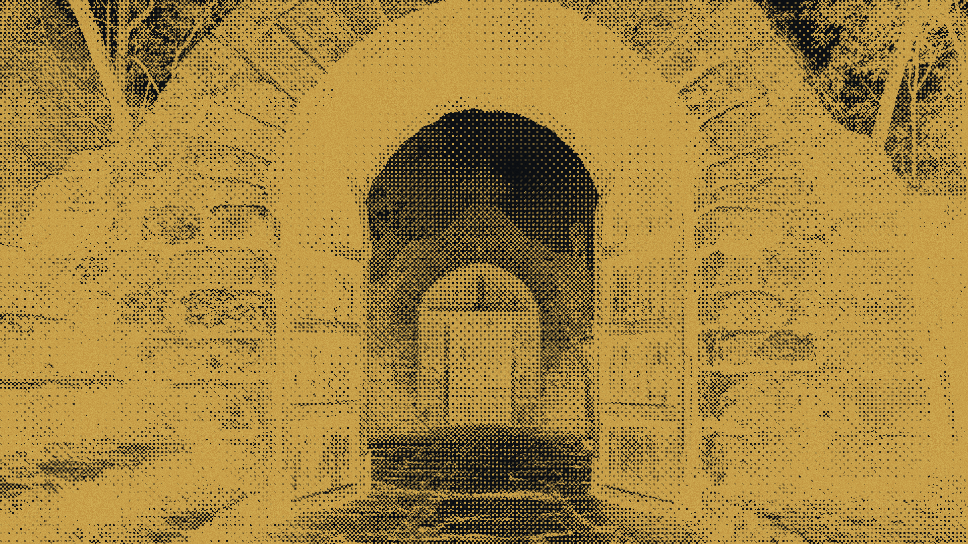Arco de piedra de la Iglesia de Cucao, Chiloé, 1766. Grabado chilote duotono gold sobre ink: piedra volcánica cubierta de líquenes, patio interior con niebla coral, puertas de madera medio abiertas, cruz de madera en la pared.